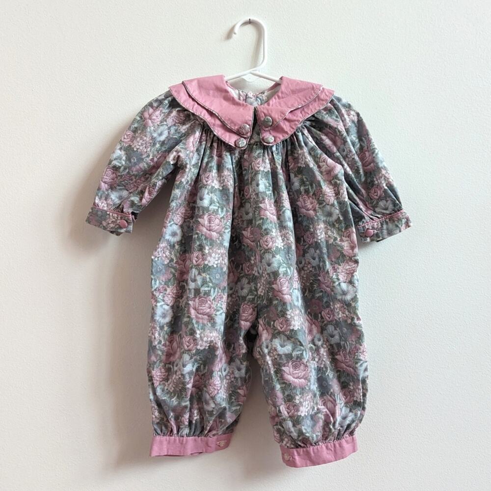 Vtg Petit Canard Jumpsuit Baby Girls Sz 6m Floral 80s 90s